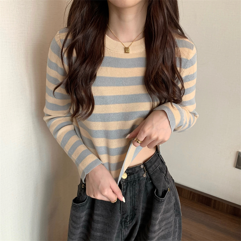 Knitted long sleeve stripe lazy mixed colors tops
