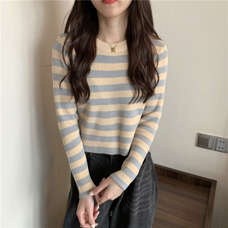 Knitted long sleeve stripe lazy mixed colors tops