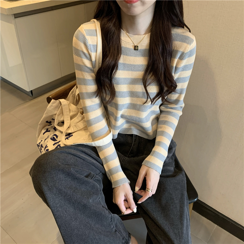 Knitted long sleeve stripe lazy mixed colors tops