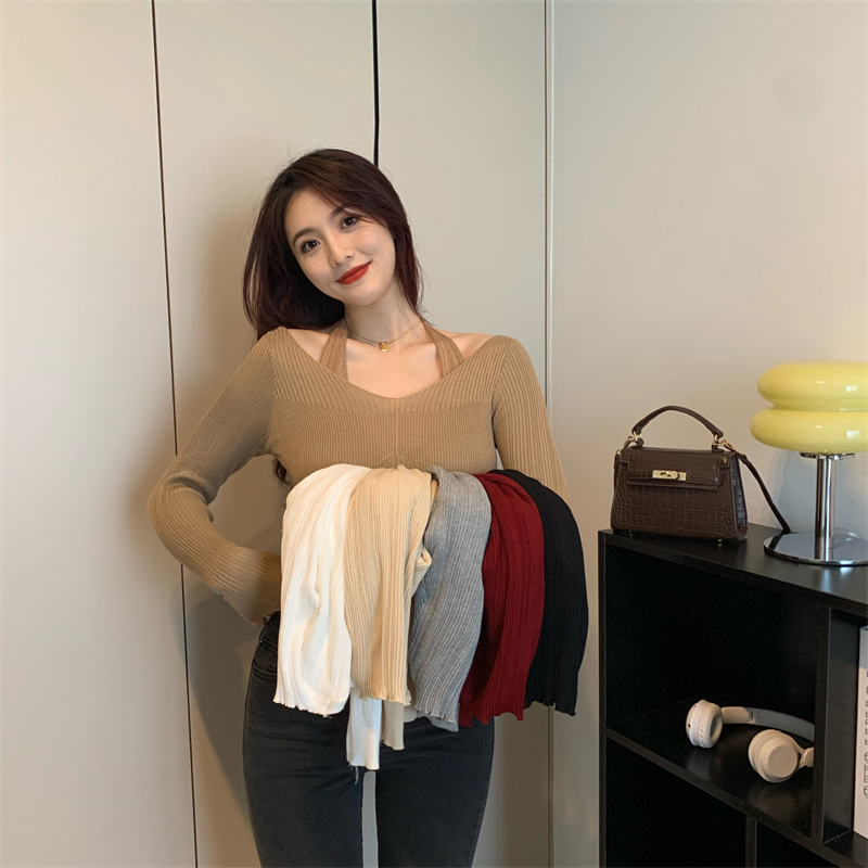 Clavicle frenum tops long sleeve halter sweater for women