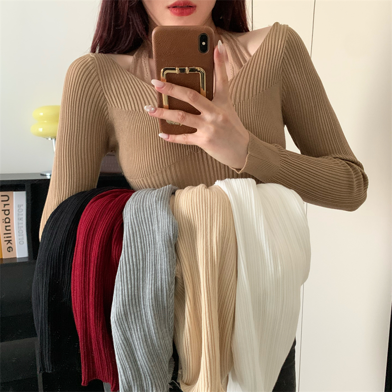 Clavicle frenum tops long sleeve halter sweater for women