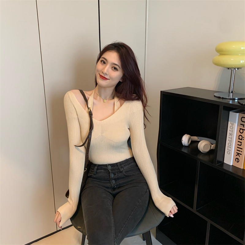 Clavicle frenum tops long sleeve halter sweater for women