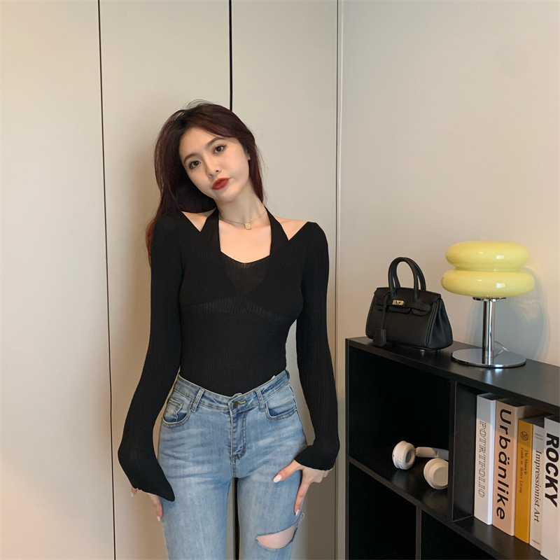 Clavicle frenum tops long sleeve halter sweater for women