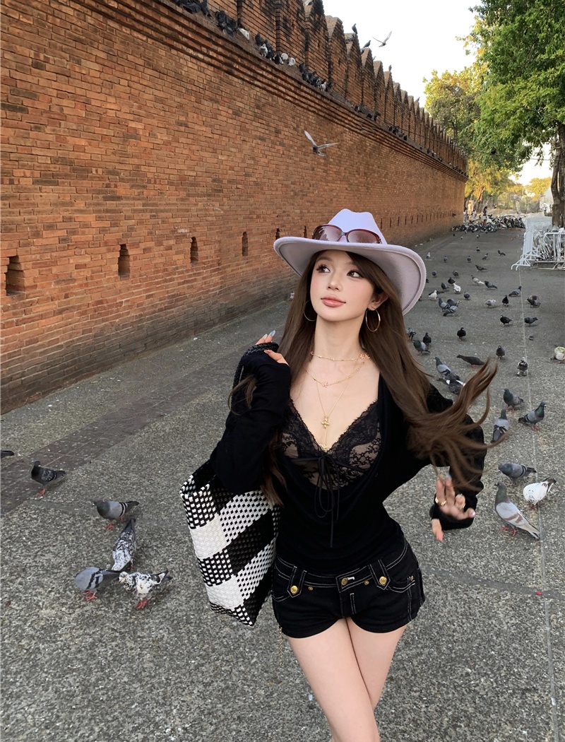 Slim sexy tops enticement spring T-shirt 2pcs set