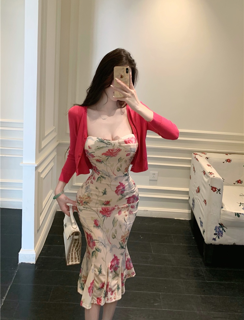 Mermaid dress France style cardigan 2pcs set for women