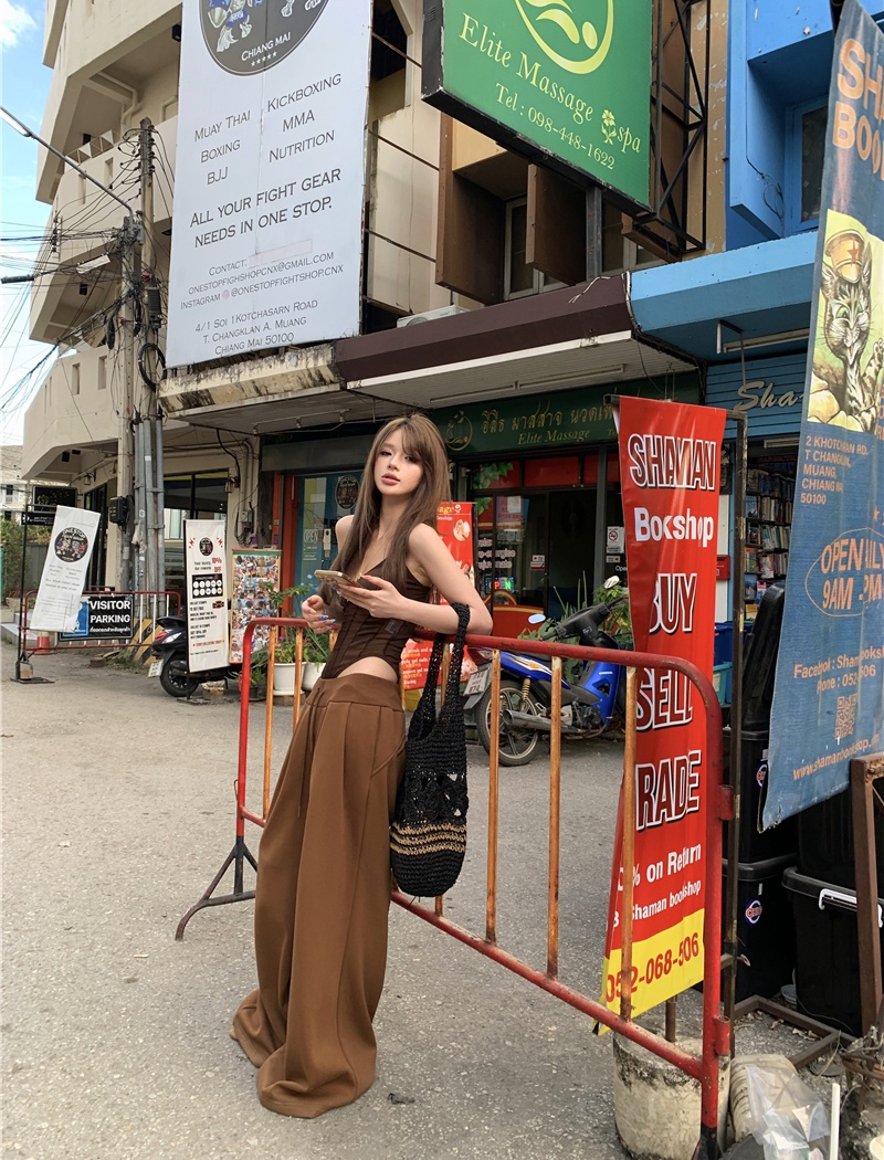 Gauze tops sling wide leg pants a set for women