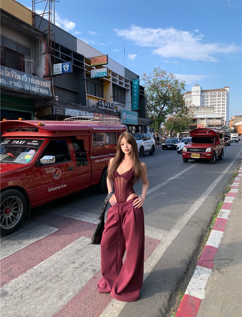 Gauze tops sling wide leg pants a set for women