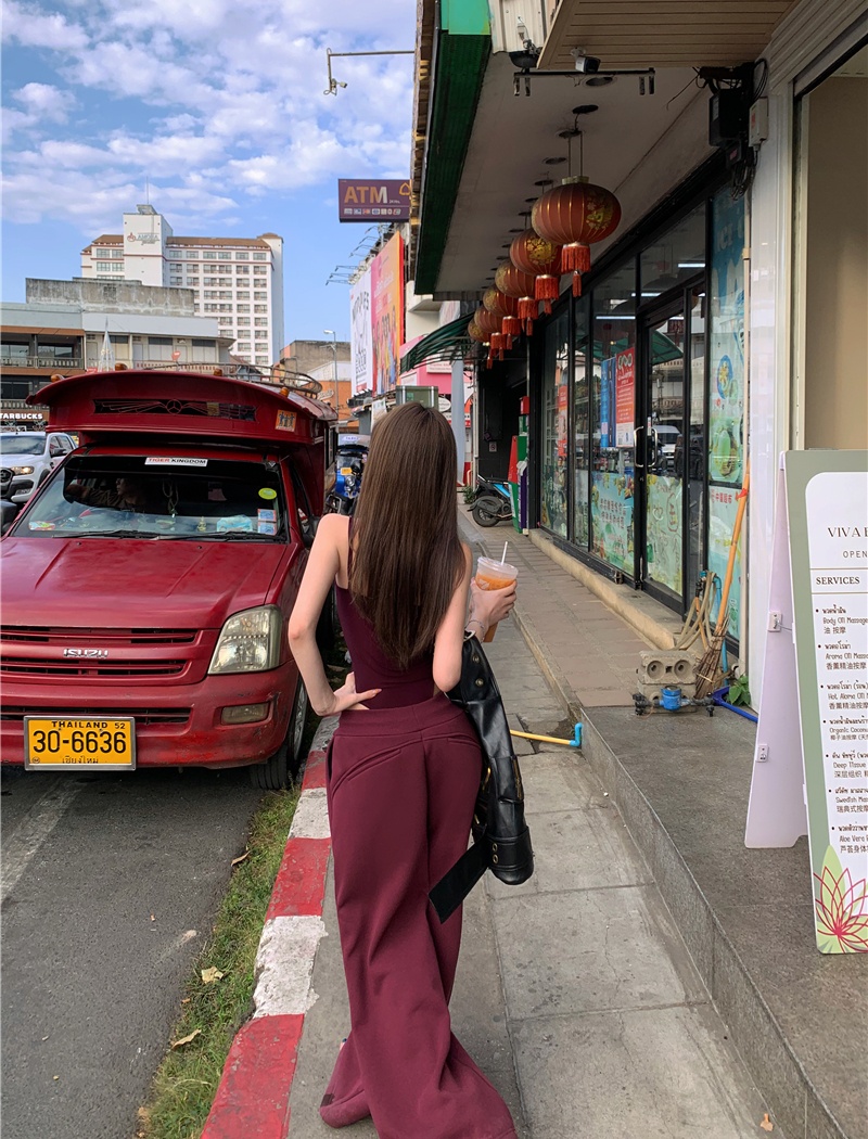 Gauze tops sling wide leg pants a set for women