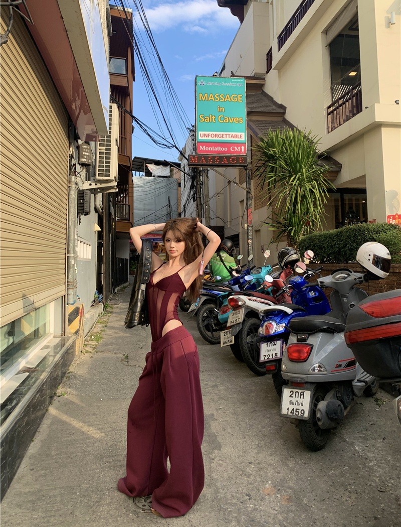 Gauze tops sling wide leg pants a set for women