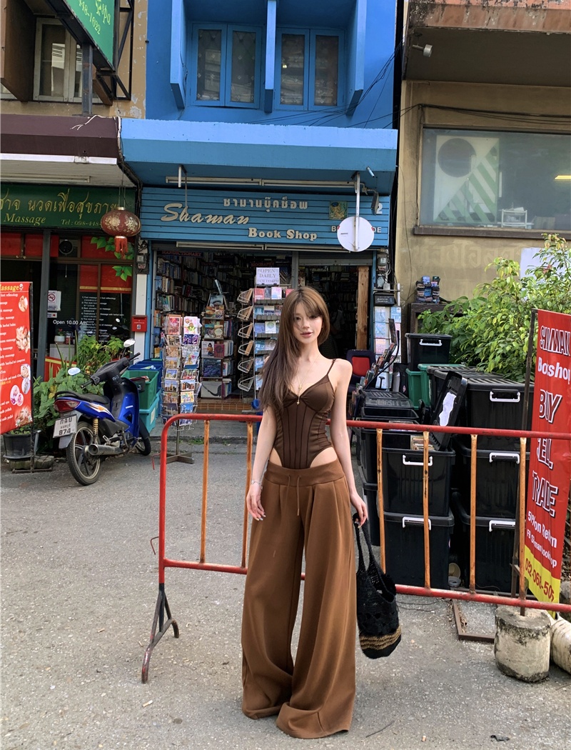 Gauze tops sling wide leg pants a set for women