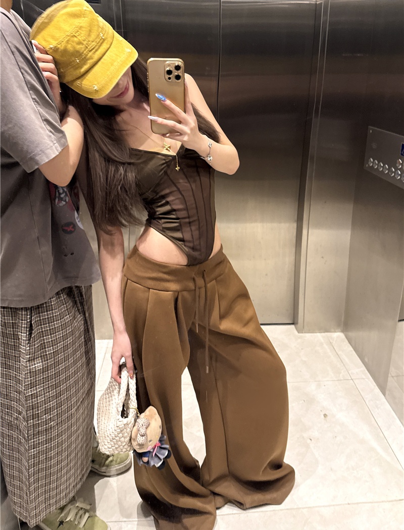 Gauze tops sling wide leg pants a set for women