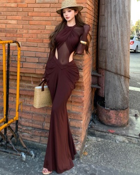 Slim hollow enticement dress gauze sexy long dress