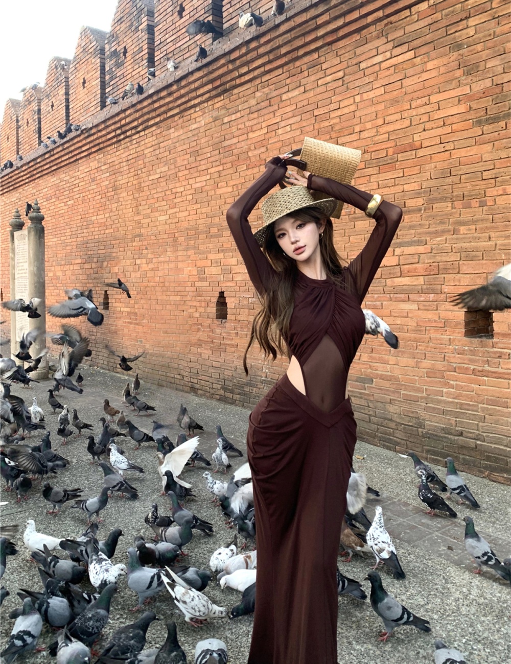 Slim hollow enticement dress gauze sexy long dress