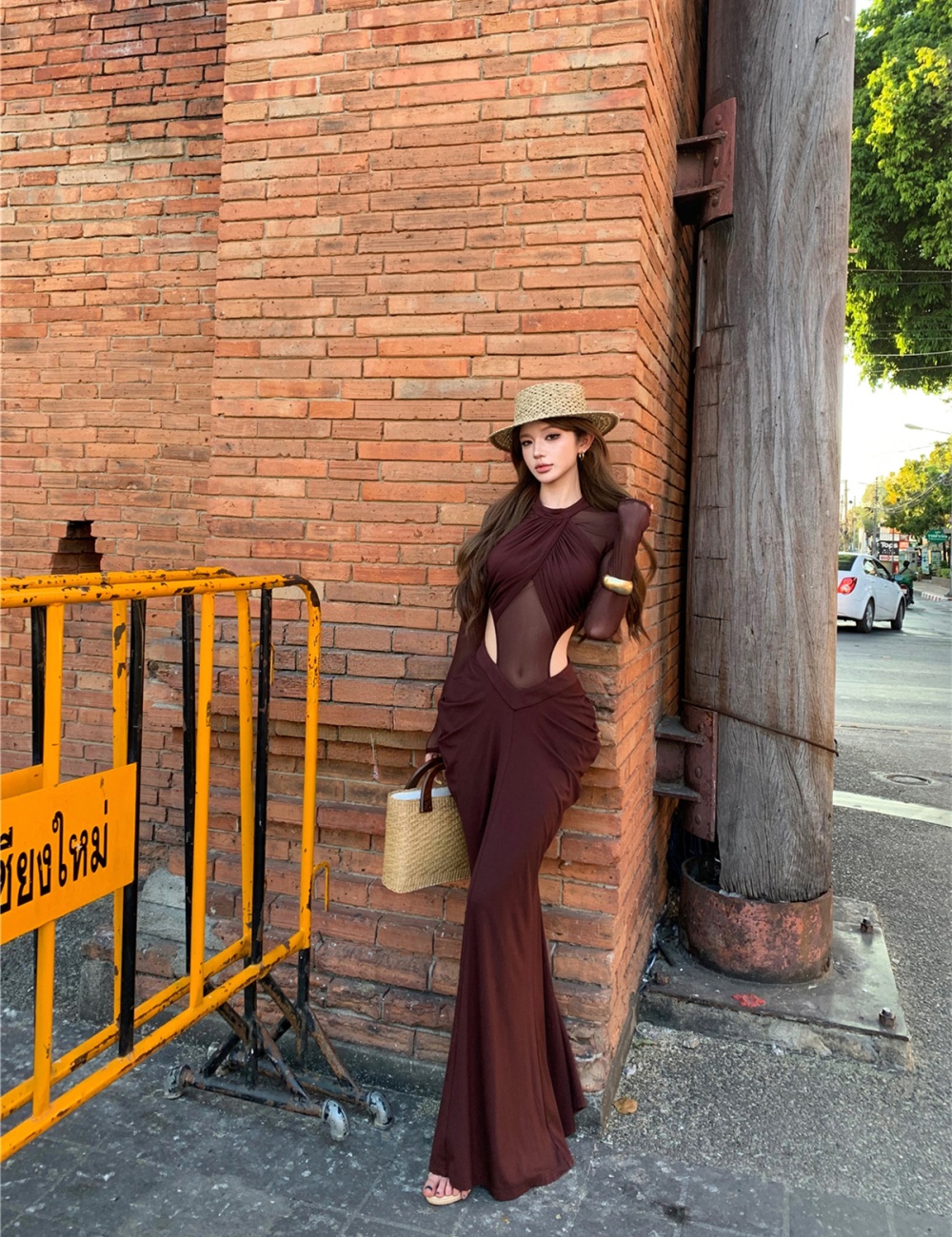 Slim hollow enticement dress gauze sexy long dress