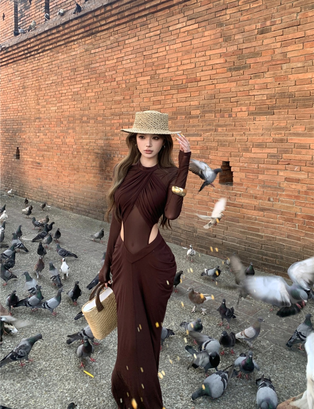 Slim hollow enticement dress gauze sexy long dress