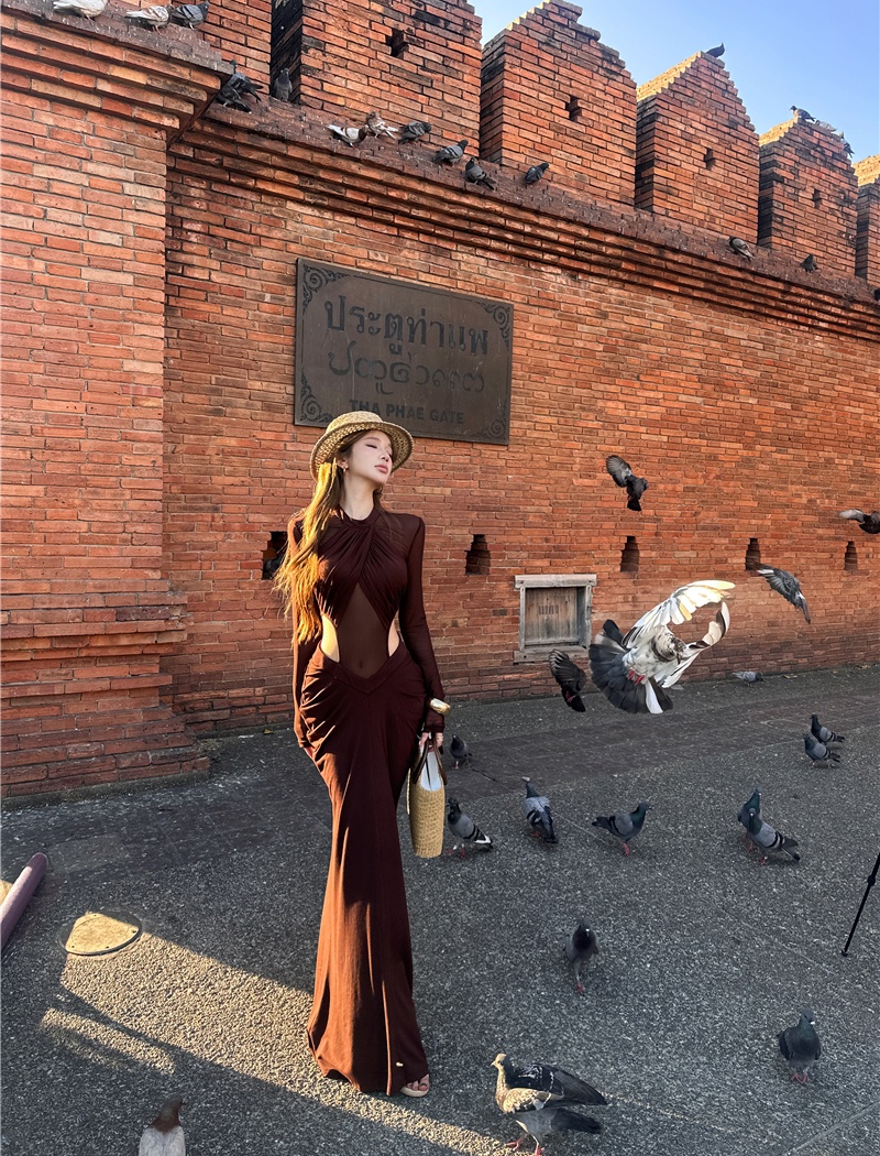 Slim hollow enticement dress gauze sexy long dress