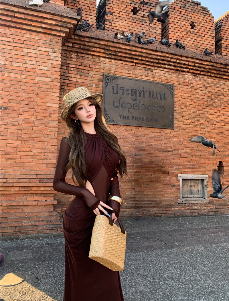 Slim hollow enticement dress gauze sexy long dress