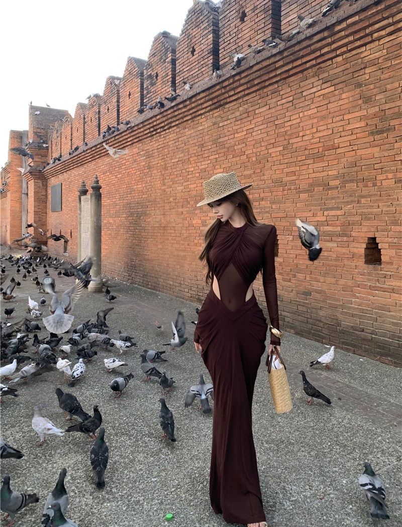 Slim hollow enticement dress gauze sexy long dress