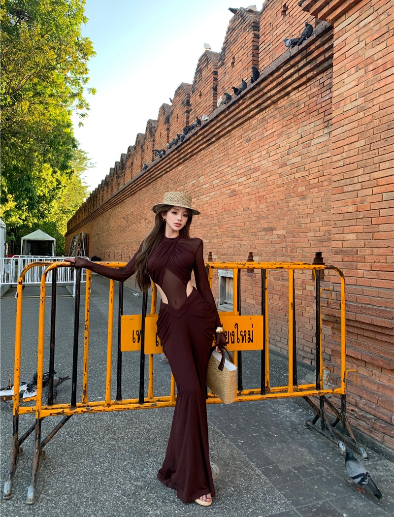 Slim hollow enticement dress gauze sexy long dress