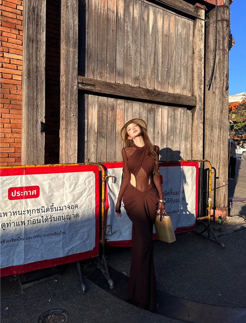 Slim hollow enticement dress gauze sexy long dress