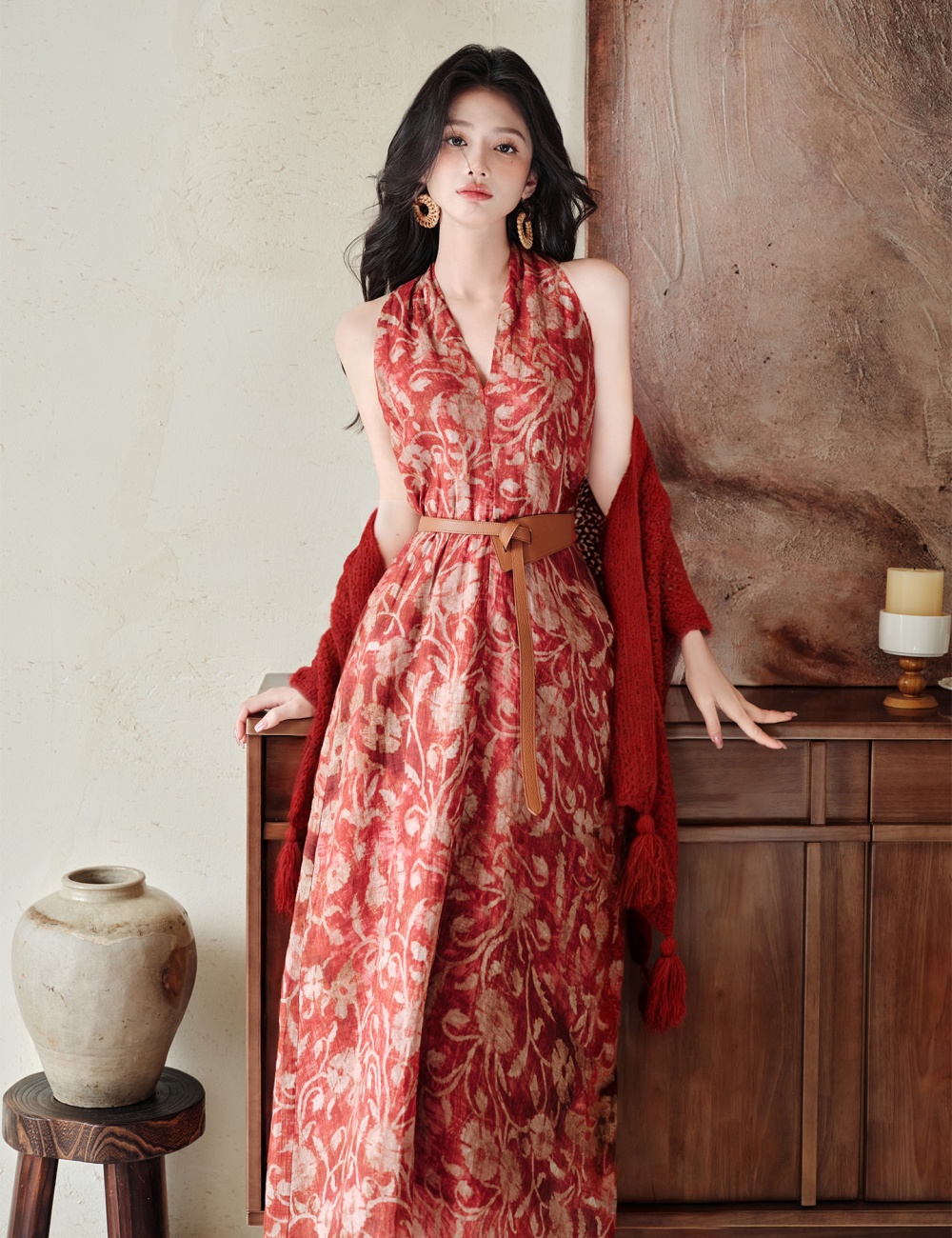 Halter collocation dress travel vacation shawl 2pcs set