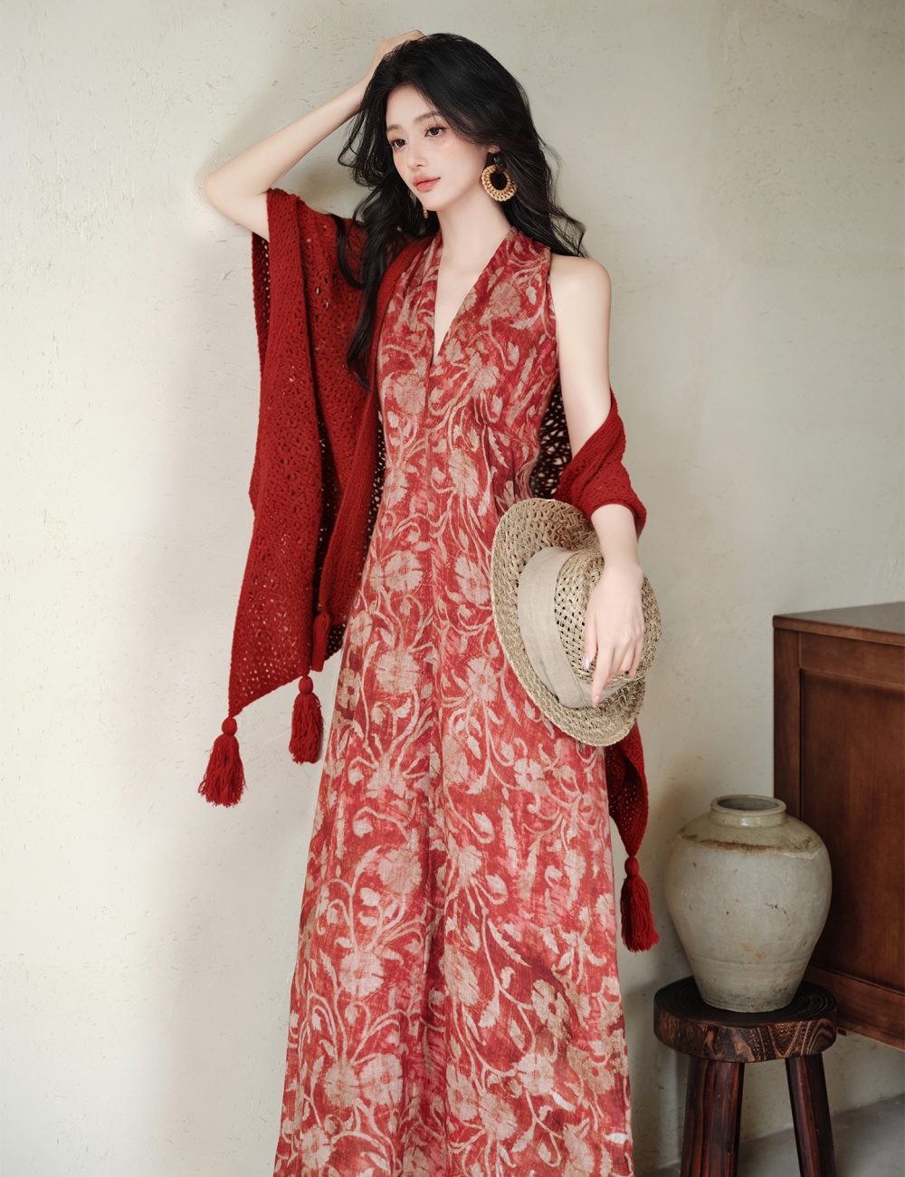 Halter collocation dress travel vacation shawl 2pcs set