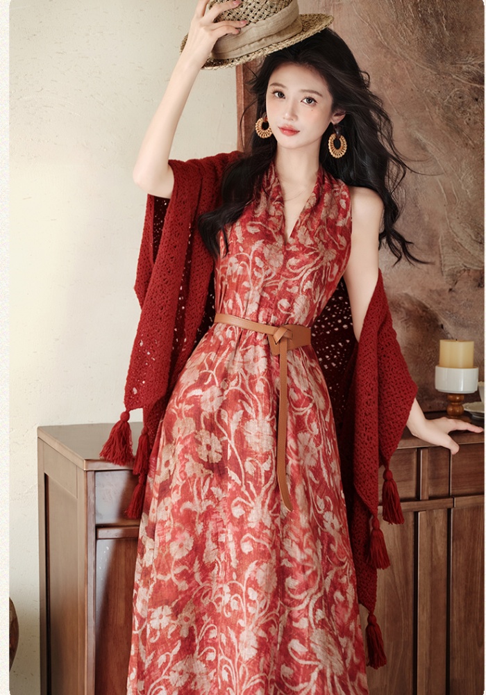 Halter collocation dress travel vacation shawl 2pcs set