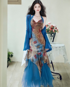 Halter vacation coat collocation dress 2pcs set