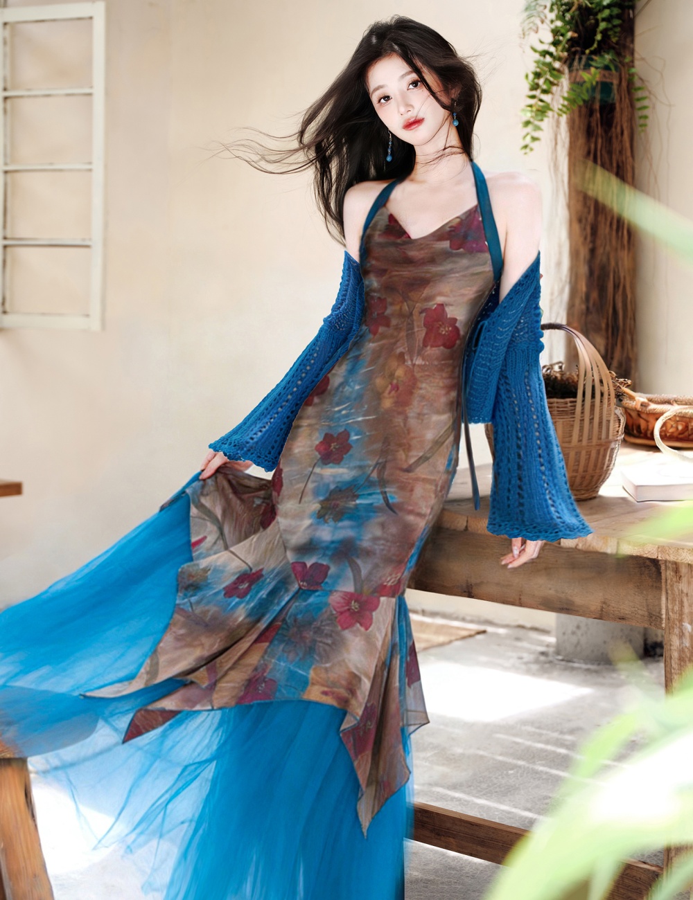 Halter vacation coat collocation dress 2pcs set