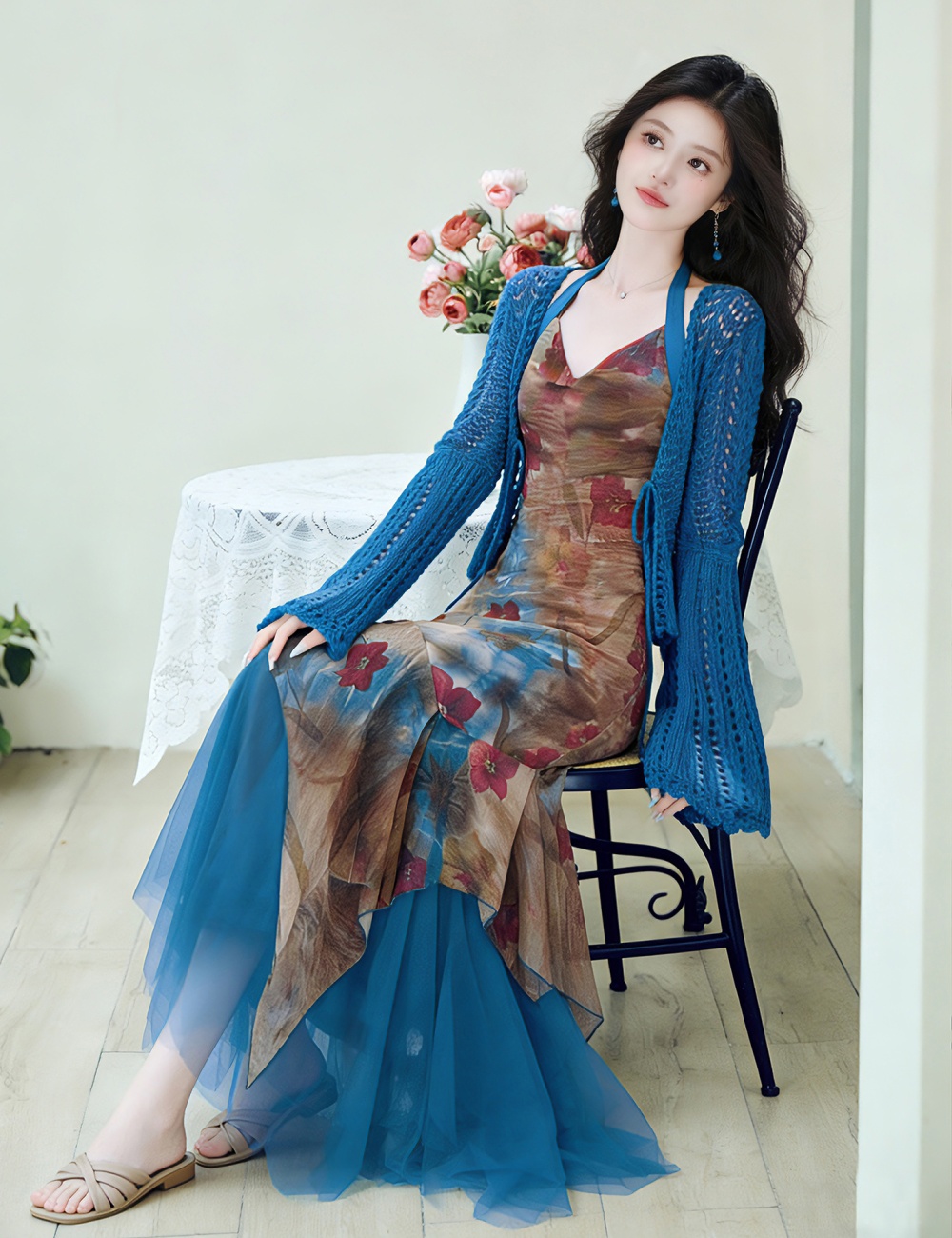 Halter vacation coat collocation dress 2pcs set