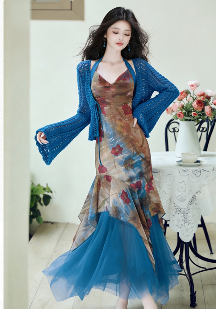 Halter vacation coat collocation dress 2pcs set