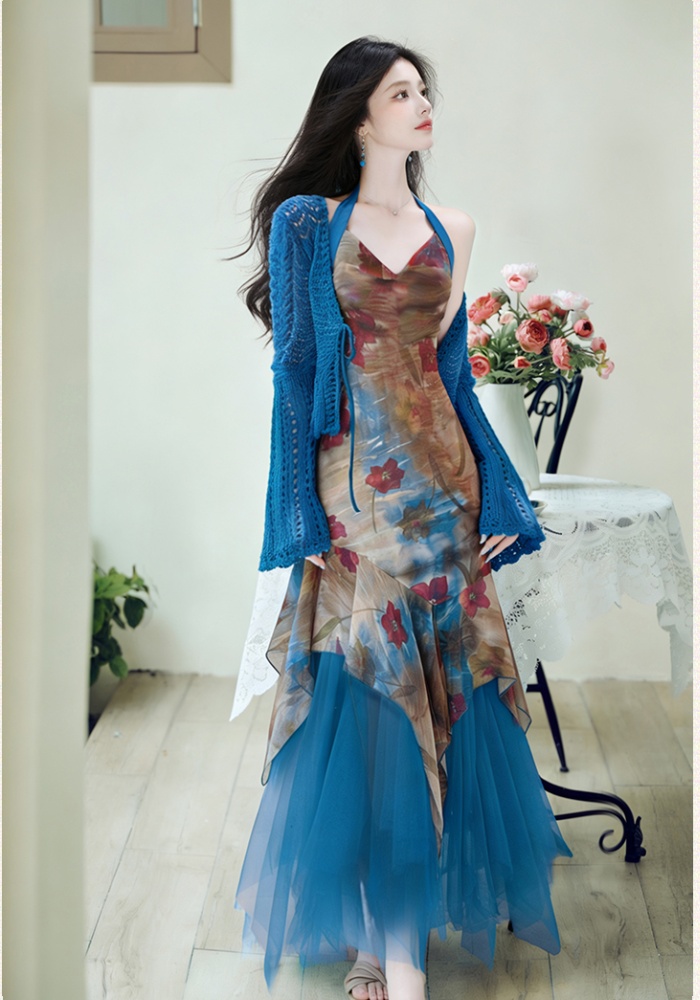 Halter vacation coat collocation dress 2pcs set