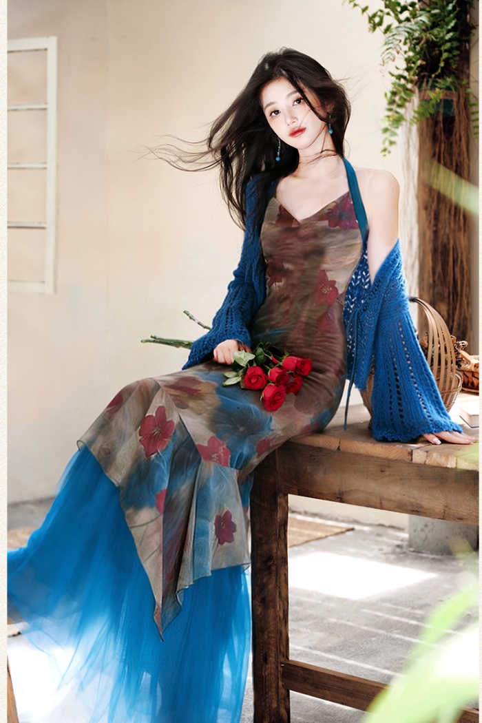 Halter vacation coat collocation dress 2pcs set