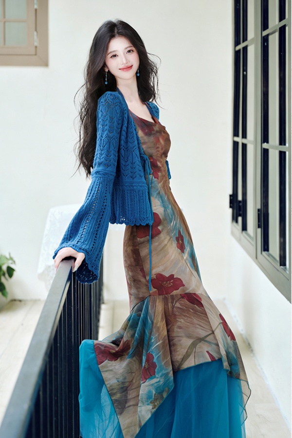 Halter vacation coat collocation dress 2pcs set