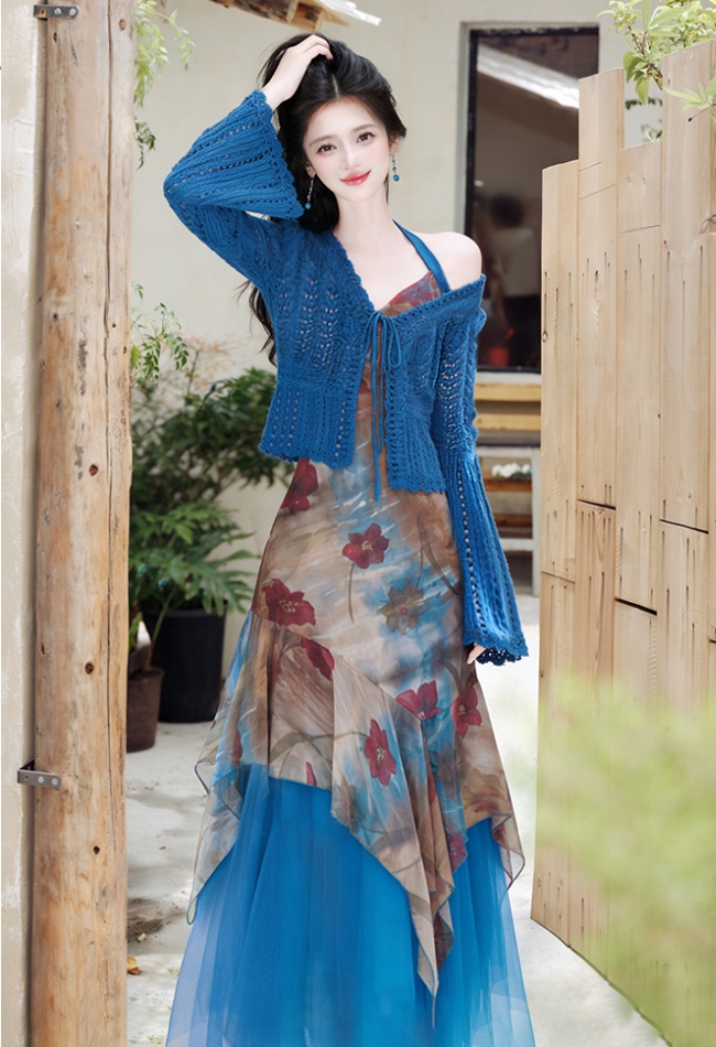 Halter vacation coat collocation dress 2pcs set