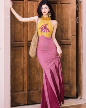 Halter mermaid vacation mixed colors dress