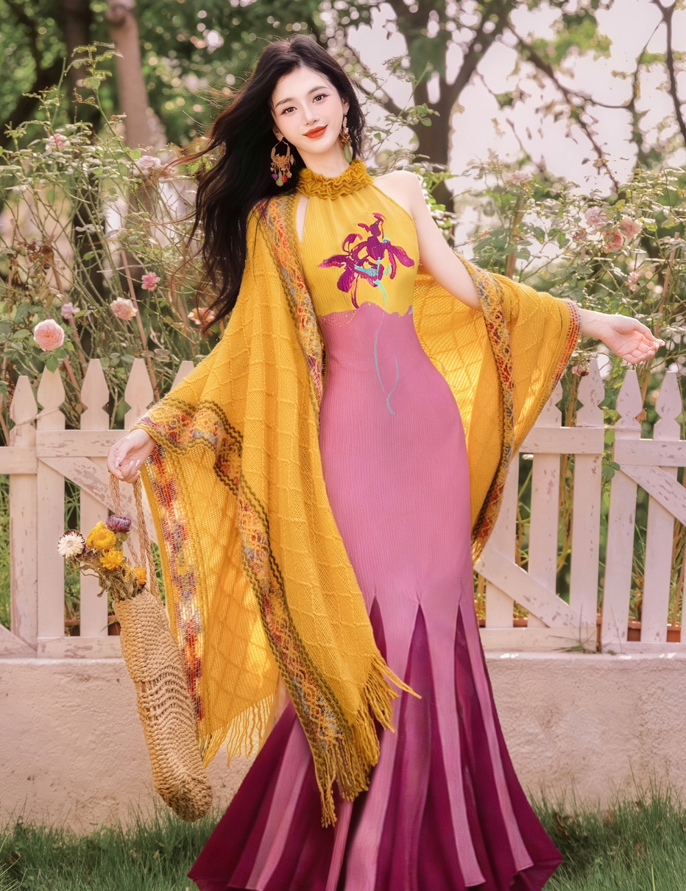 Vacation halter shawl mixed colors mermaid dress 2pcs set