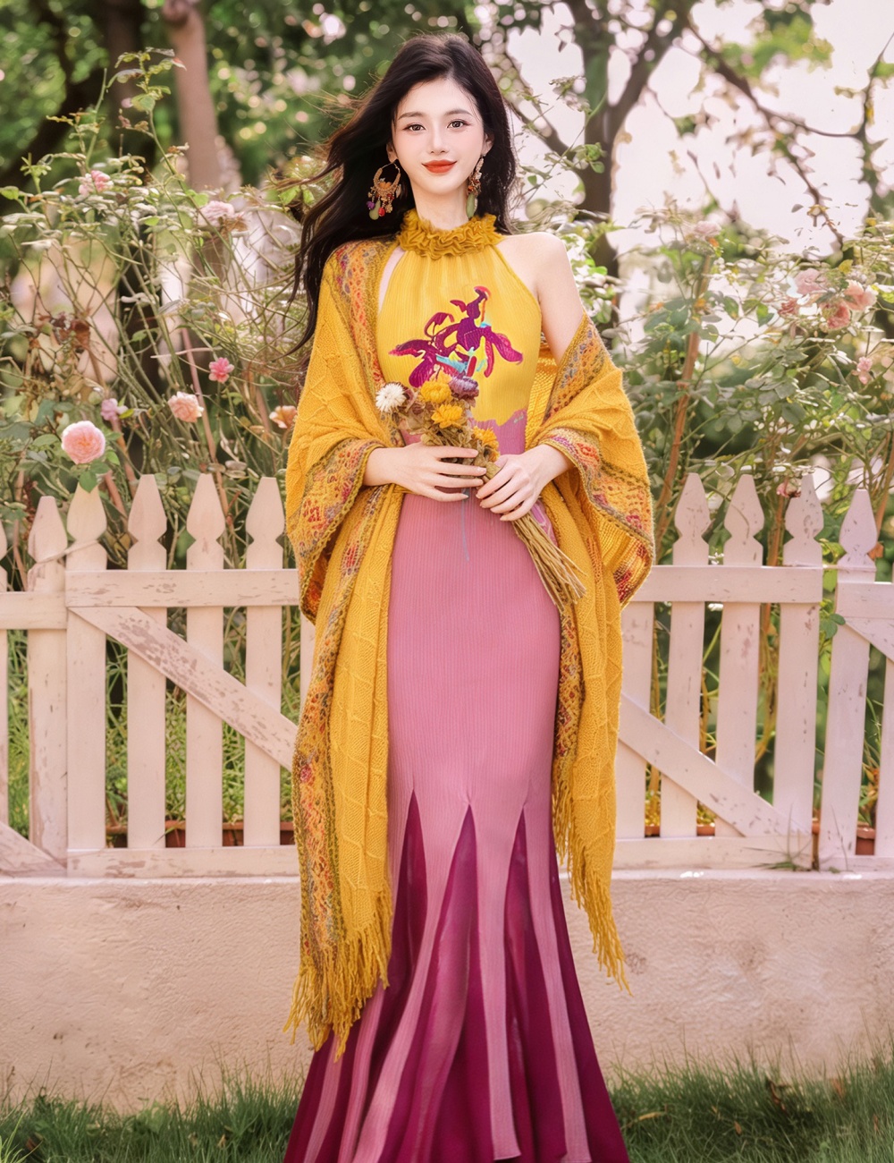 Vacation halter shawl mixed colors mermaid dress 2pcs set