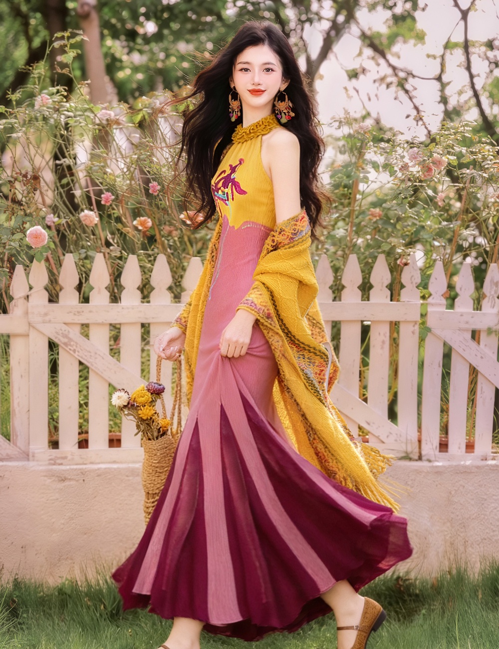 Vacation halter shawl mixed colors mermaid dress 2pcs set