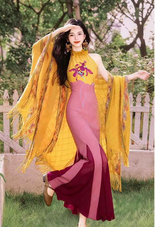 Vacation halter shawl mixed colors mermaid dress 2pcs set