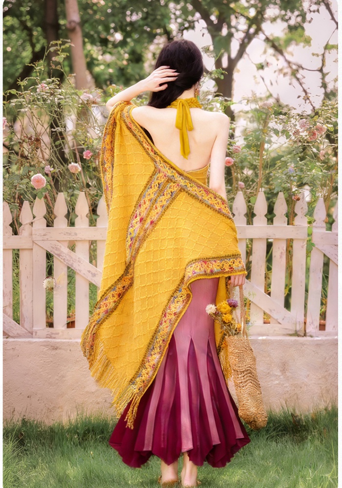 Vacation halter shawl mixed colors mermaid dress 2pcs set