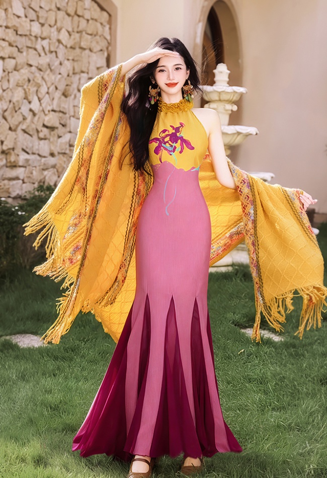 Vacation halter shawl mixed colors mermaid dress 2pcs set