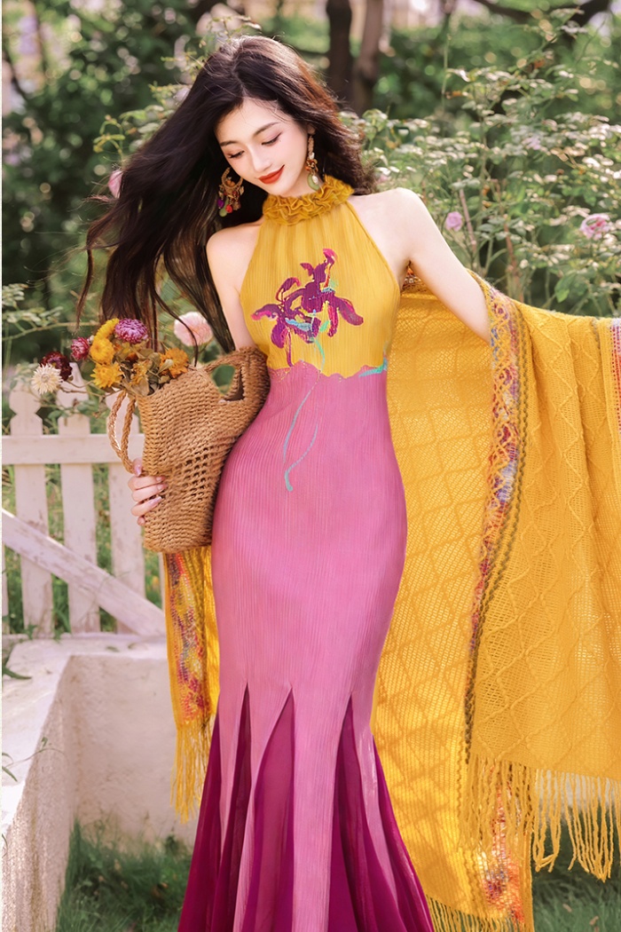 Vacation halter shawl mixed colors mermaid dress 2pcs set