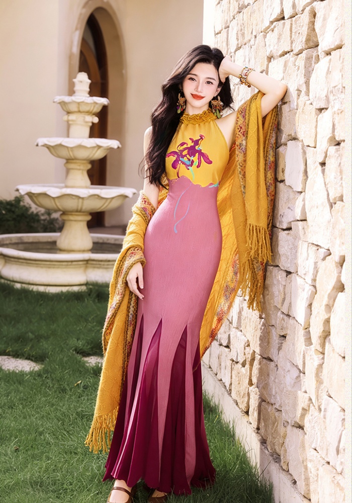 Vacation halter shawl mixed colors mermaid dress 2pcs set