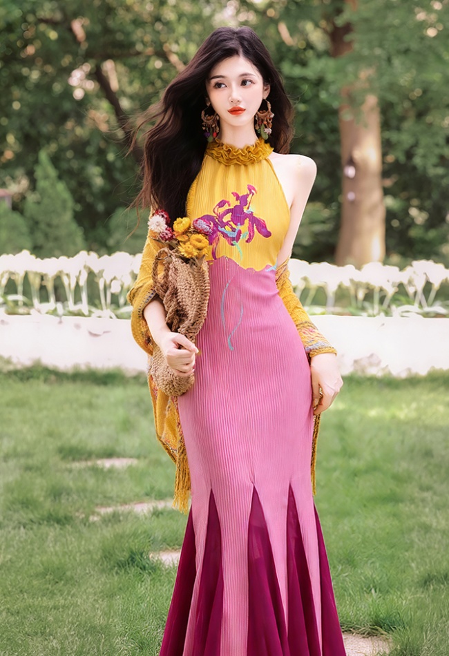 Vacation halter shawl mixed colors mermaid dress 2pcs set