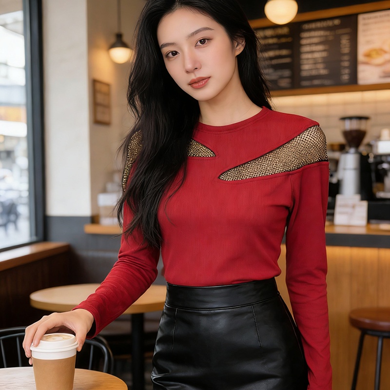 Slim round neck tops rhinestone light luxury T-shirt