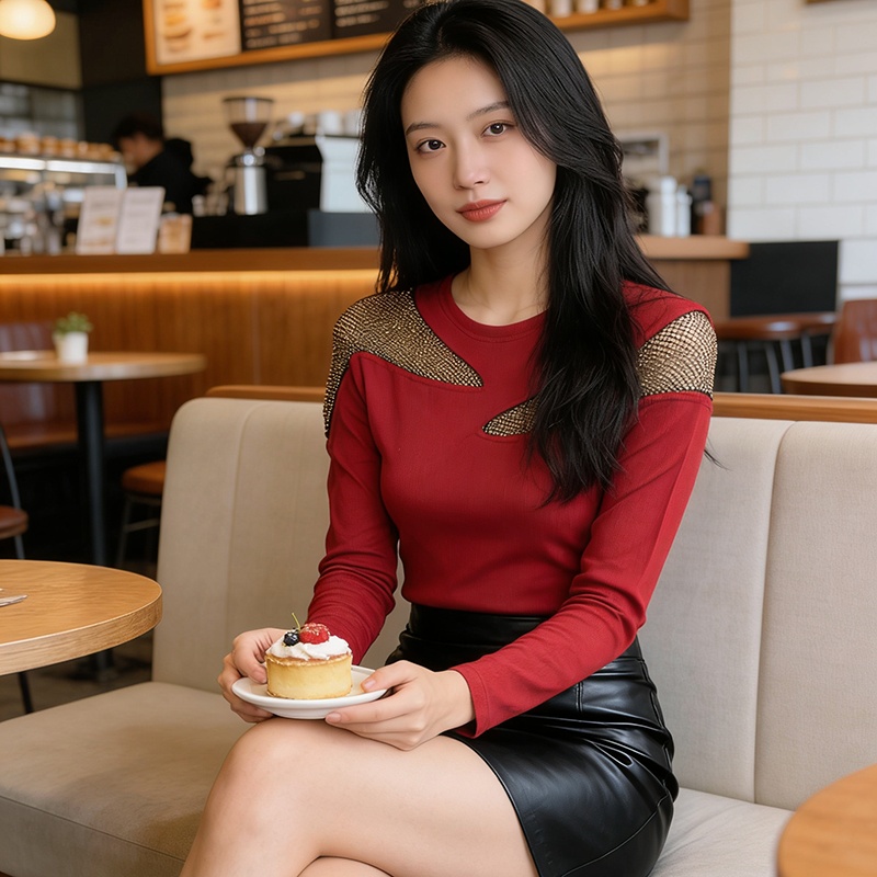 Slim round neck tops rhinestone light luxury T-shirt