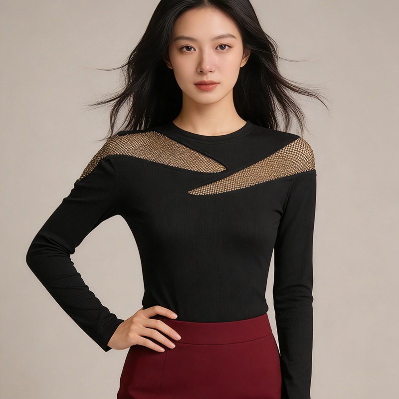 Slim round neck tops rhinestone light luxury T-shirt