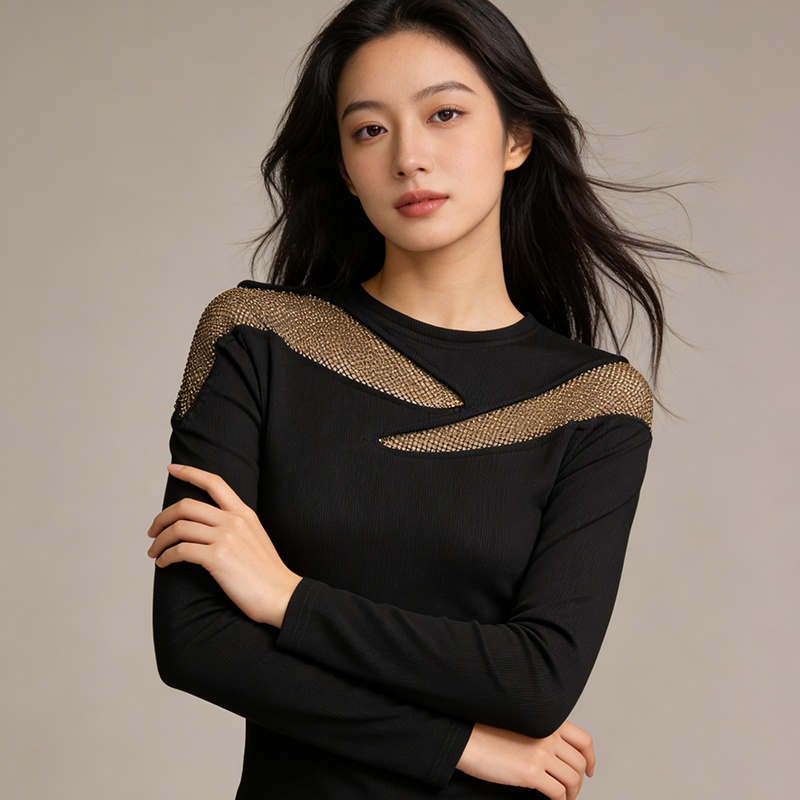 Slim round neck tops rhinestone light luxury T-shirt