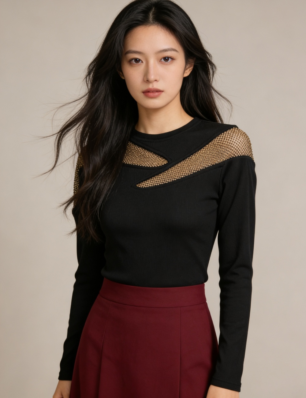 Slim round neck tops rhinestone light luxury T-shirt